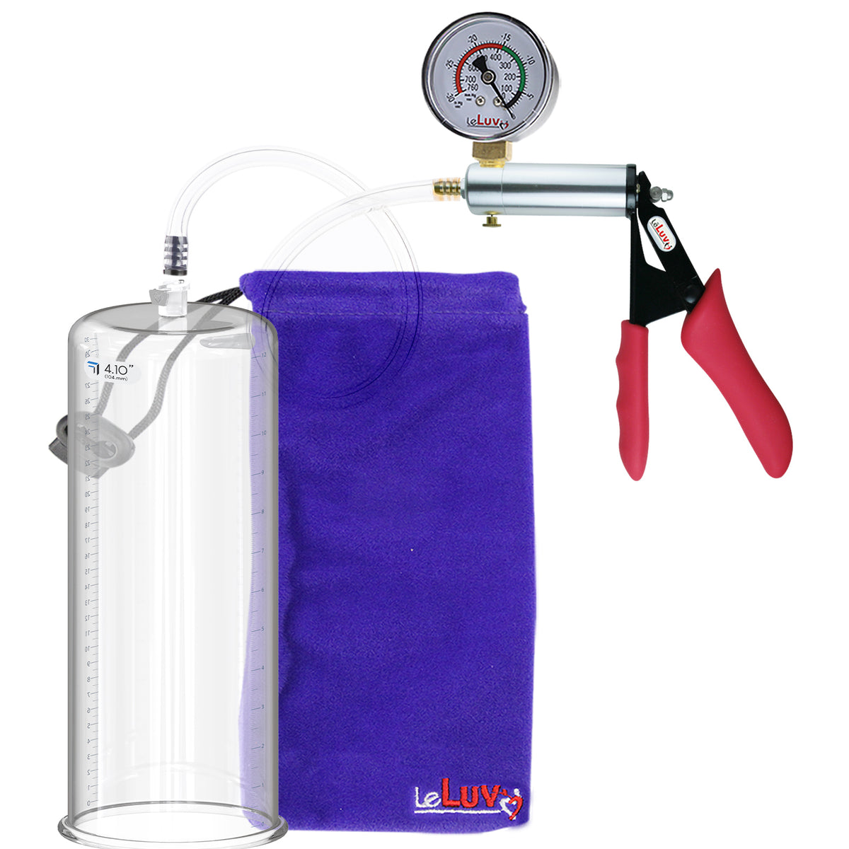 Silver Ultima Penis Pump | Red Silicone Grip, Clear Hose + Gauge | 12" Length x 4.10" Cylinder Diameter