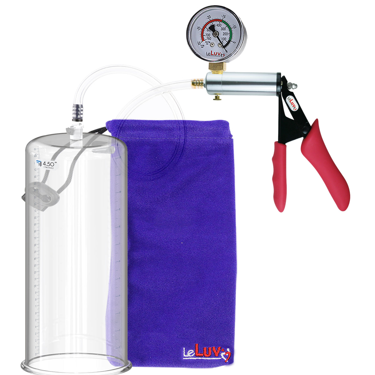 Silver Ultima Penis Pump | Red Silicone Grip, Clear Hose + Gauge | 12" Length x 4.50" Cylinder Diameter