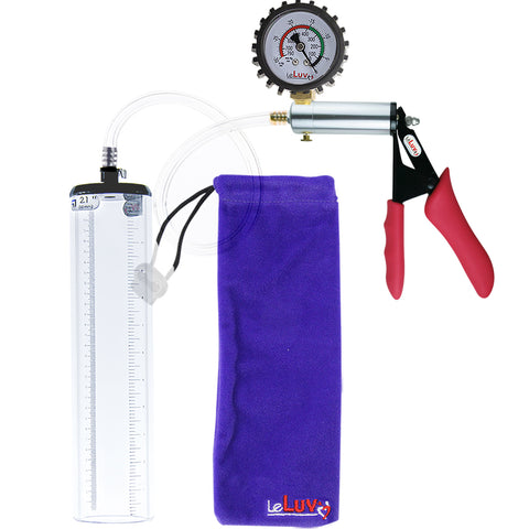 LeLuv Ultima Penis Pump - Silver Handle with Red Silicone Grips, Clear Hose - Thick-Walled Cylinder
