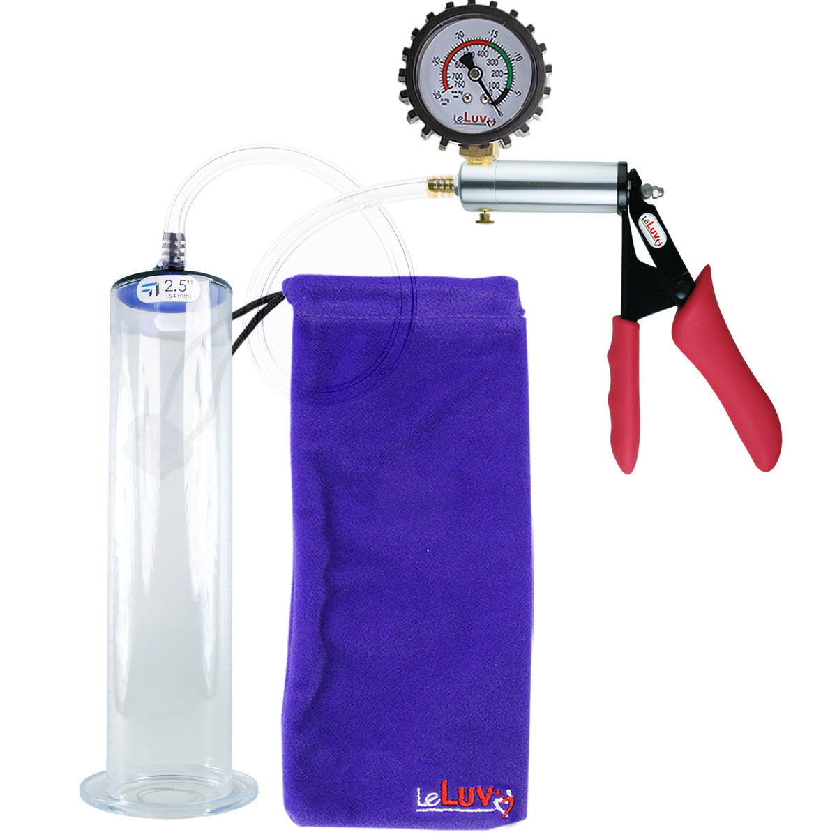 Silver Ultima Penis Pump | Red Silicone Grip, Clear Hose + Protected Gauge | 12" Length - 2.50" Diameter WIDE FLANGE Cylinder