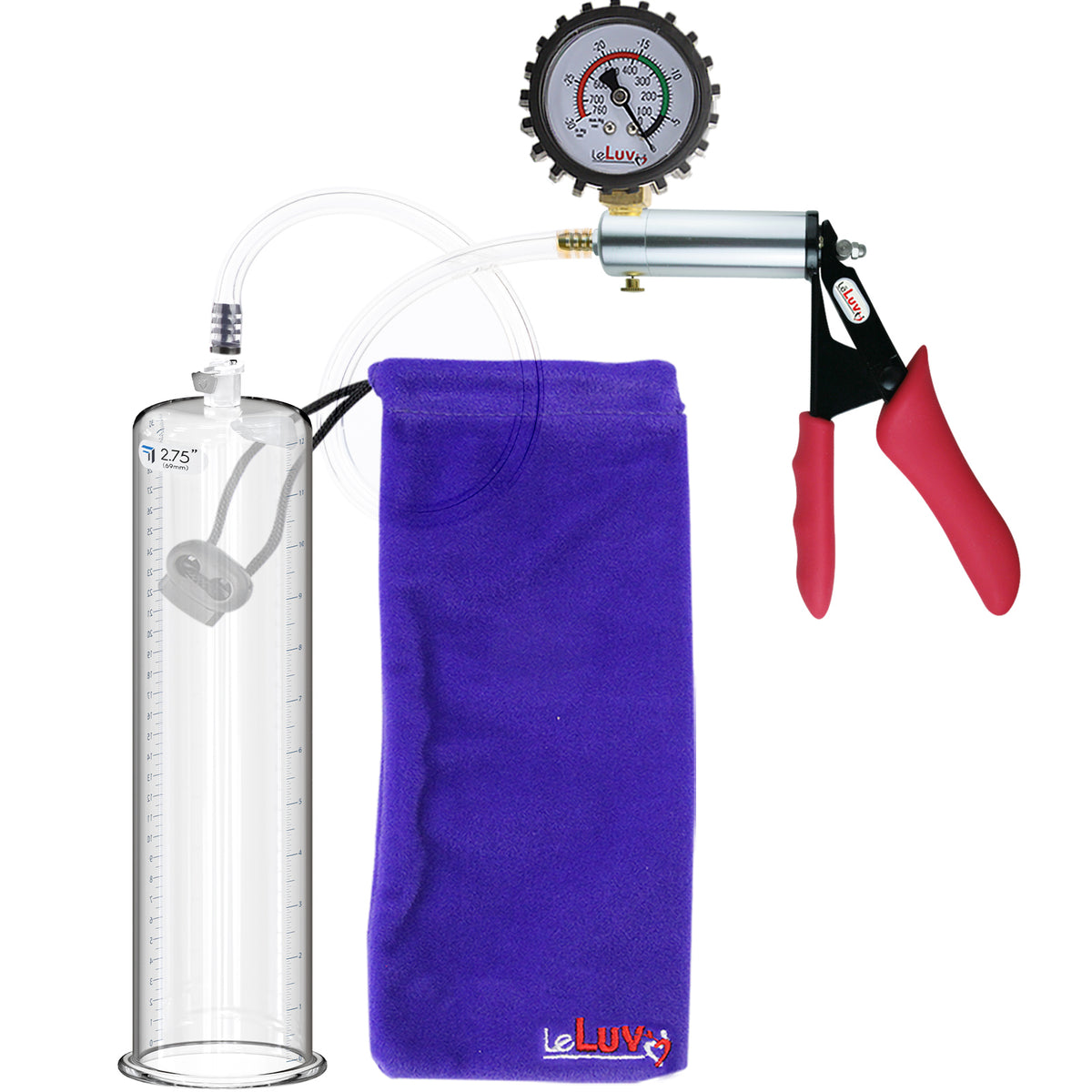 Silver Ultima Penis Pump | Red Silicone Grip, Clear Hose + Protected Gauge | 12" Length 2.75" Cylinder Diameter