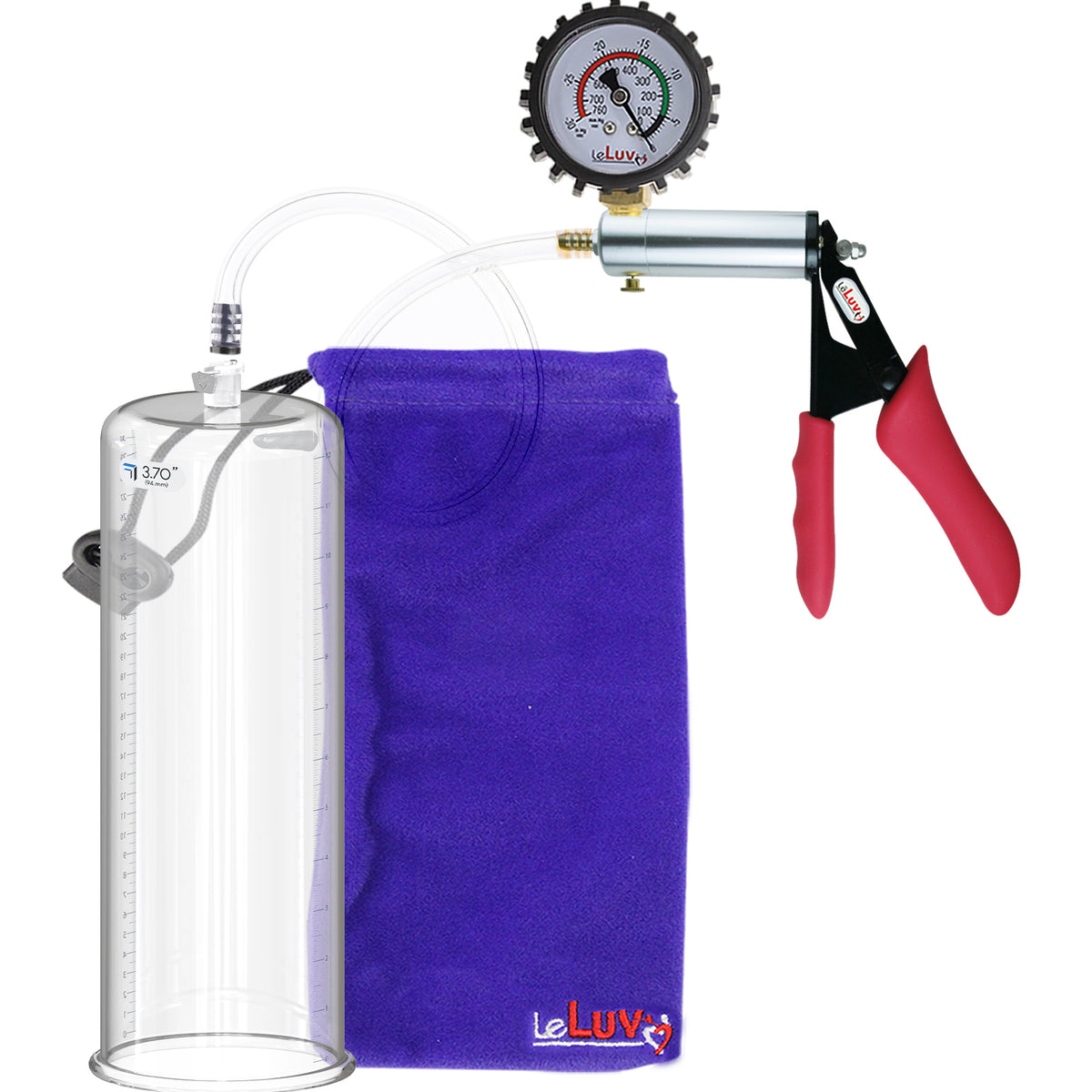 Silver Ultima Penis Pump | Red Silicone Grip, Clear Hose + Protected Gauge | 9" Length 3.70" Cylinder Diameter