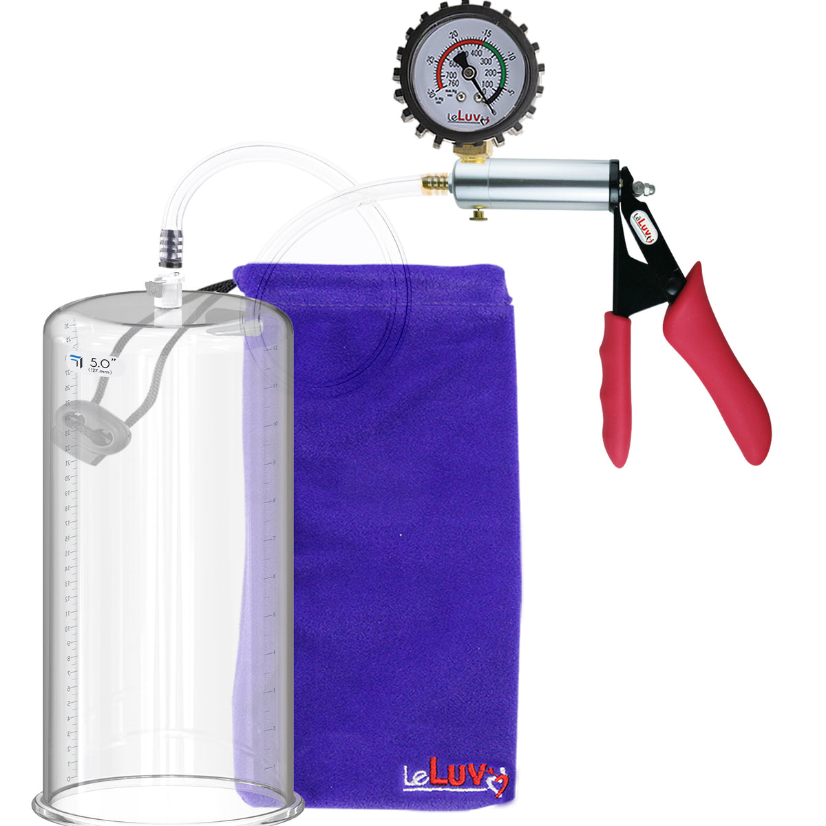Silver Ultima Penis Pump | Red Silicone Grip, Clear Hose + Protected Gauge | 9" Length 5.00" Cylinder Diameter