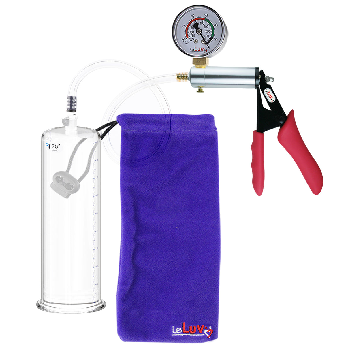 Silver Ultima Penis Pump | Red Silicone Grip, Clear Hose + Gauge | 9" Length x 3.00" Cylinder Diameter