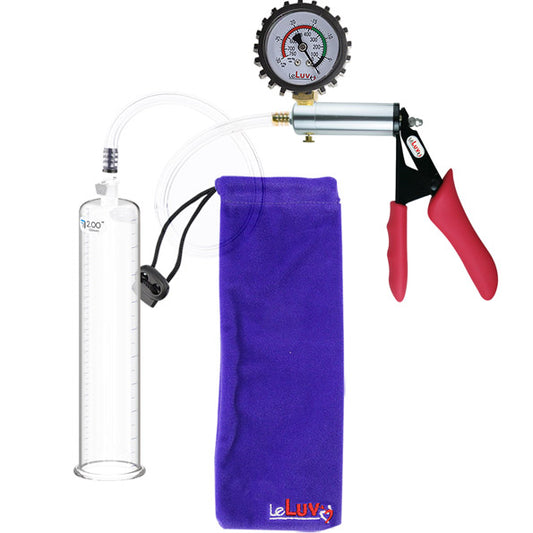 LeLuv Ultima Penis Pump - Silver Handle with Red Silicone Grips, Clear Hose - Rounded Flange Cylinder