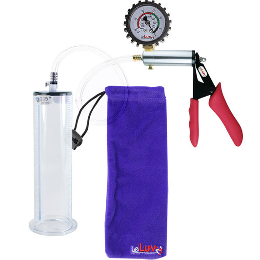 LeLuv Ultima Penis Pump - Silver Handle with Red Silicone Grips, Clear Hose - Wide-Flanged Cylinder