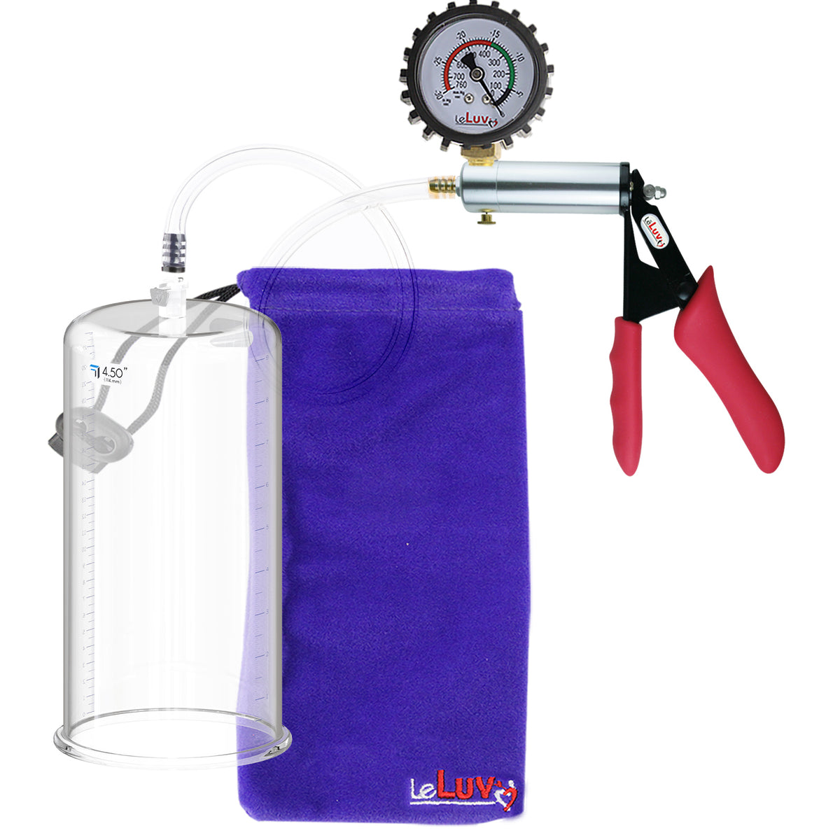 Silver Ultima Penis Pump | Red Silicone Grip, Clear Hose + Protected Gauge | 9" Length 4.50" Cylinder Diameter