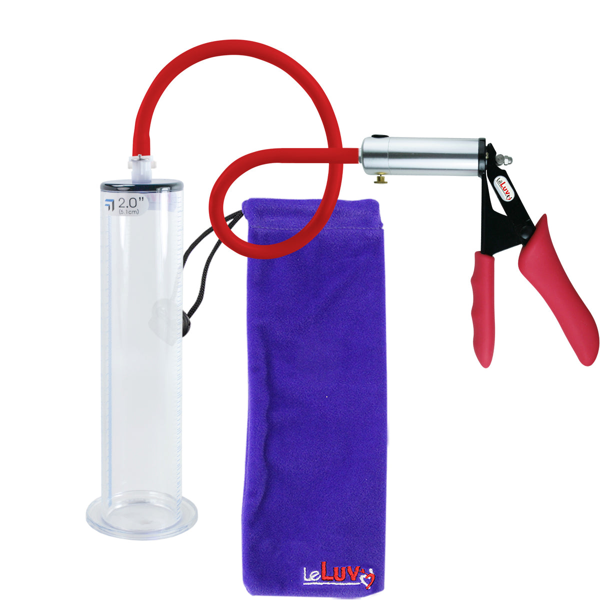 Ultima Silver Red Penis Pump | Silicone Grip, Silicone Hose | 9" Length x 2.00" Diameter WIDE FLANGE Cylinder