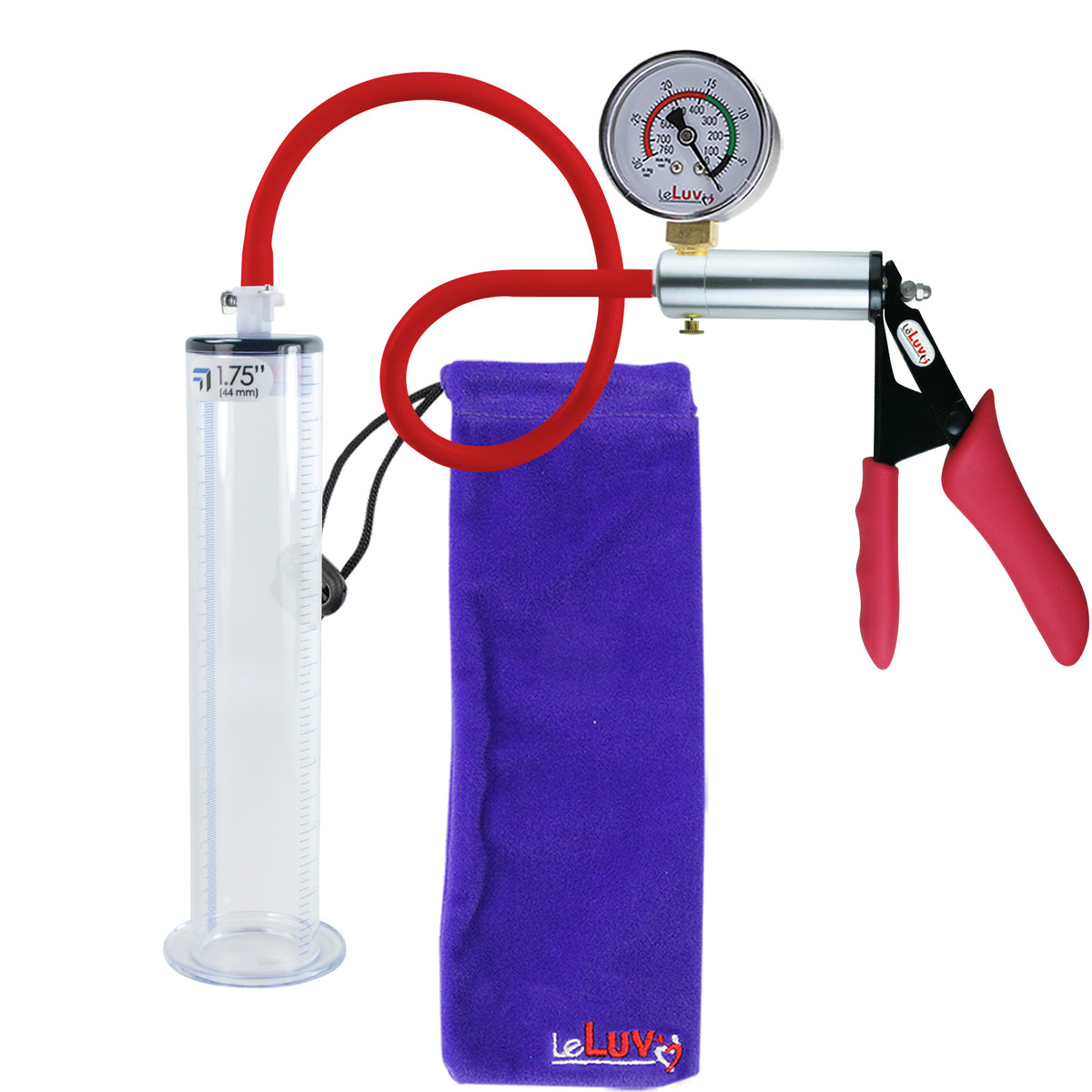 Ultima Silver Red Penis Pump | Silicone Grip, Silicone Hose + Gauge | 9" Length - 1.75" Diameter WIDE FLANGE Cylinder