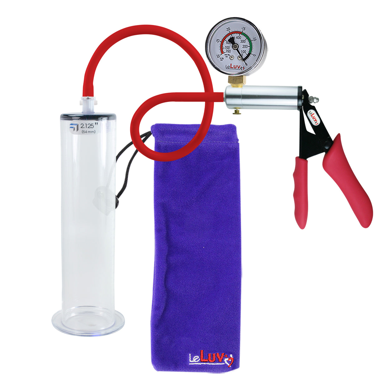 Ultima Silver Red Penis Pump | Silicone Grip, Silicone Hose + Gauge | 9" Length - 2.125" Diameter WIDE FLANGE Cylinder