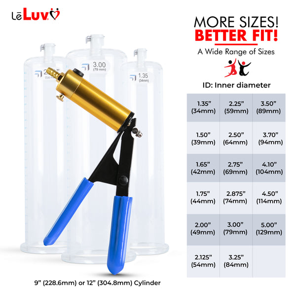 LeLuv® Brass Ultima Penis Pump - Blue  Silicone Grips, Clear Hose with Round Flange Cylinders