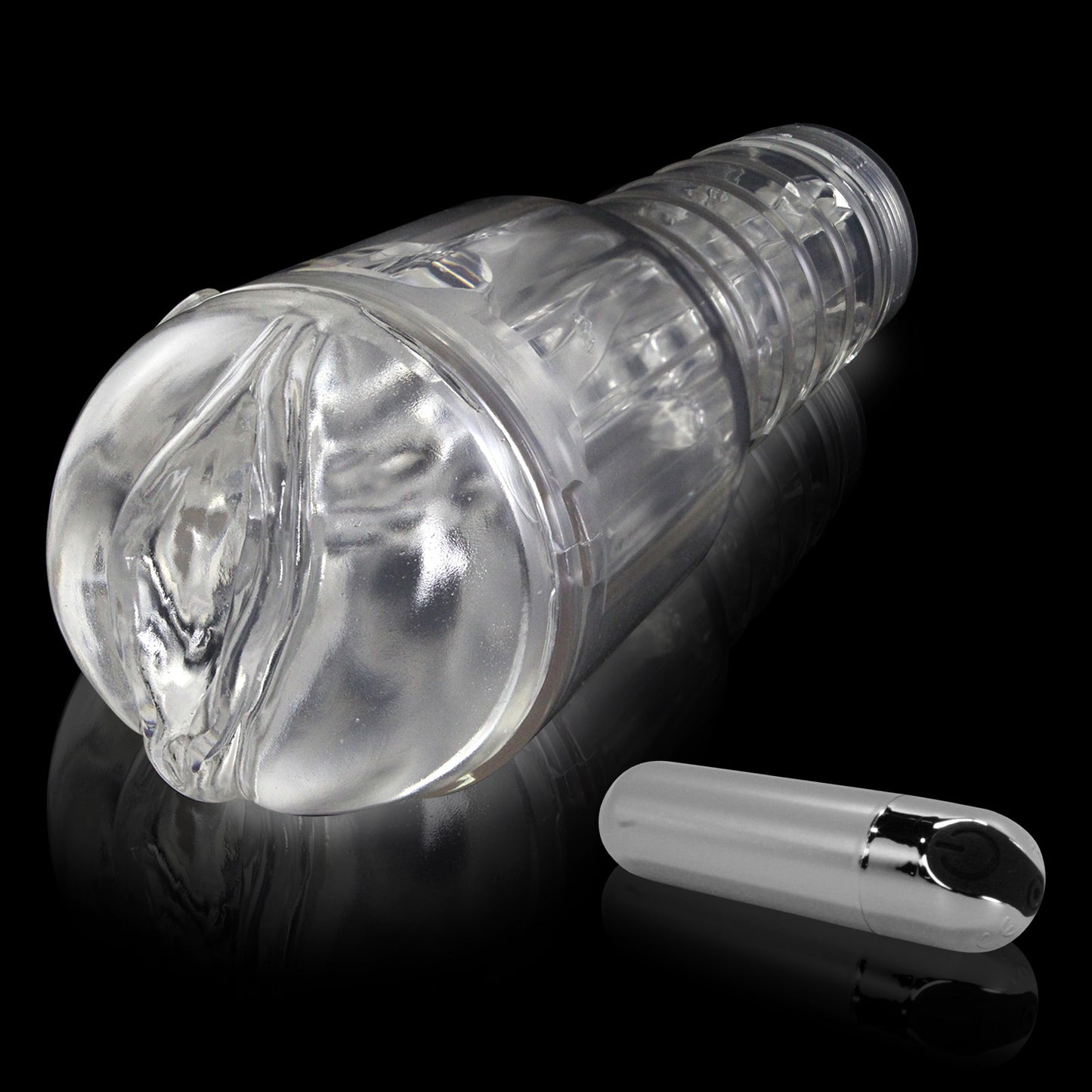 Male Masturbator Handheld Realistic VAGINA Texture in Clear Case with Rechargable Vibrating Bullet