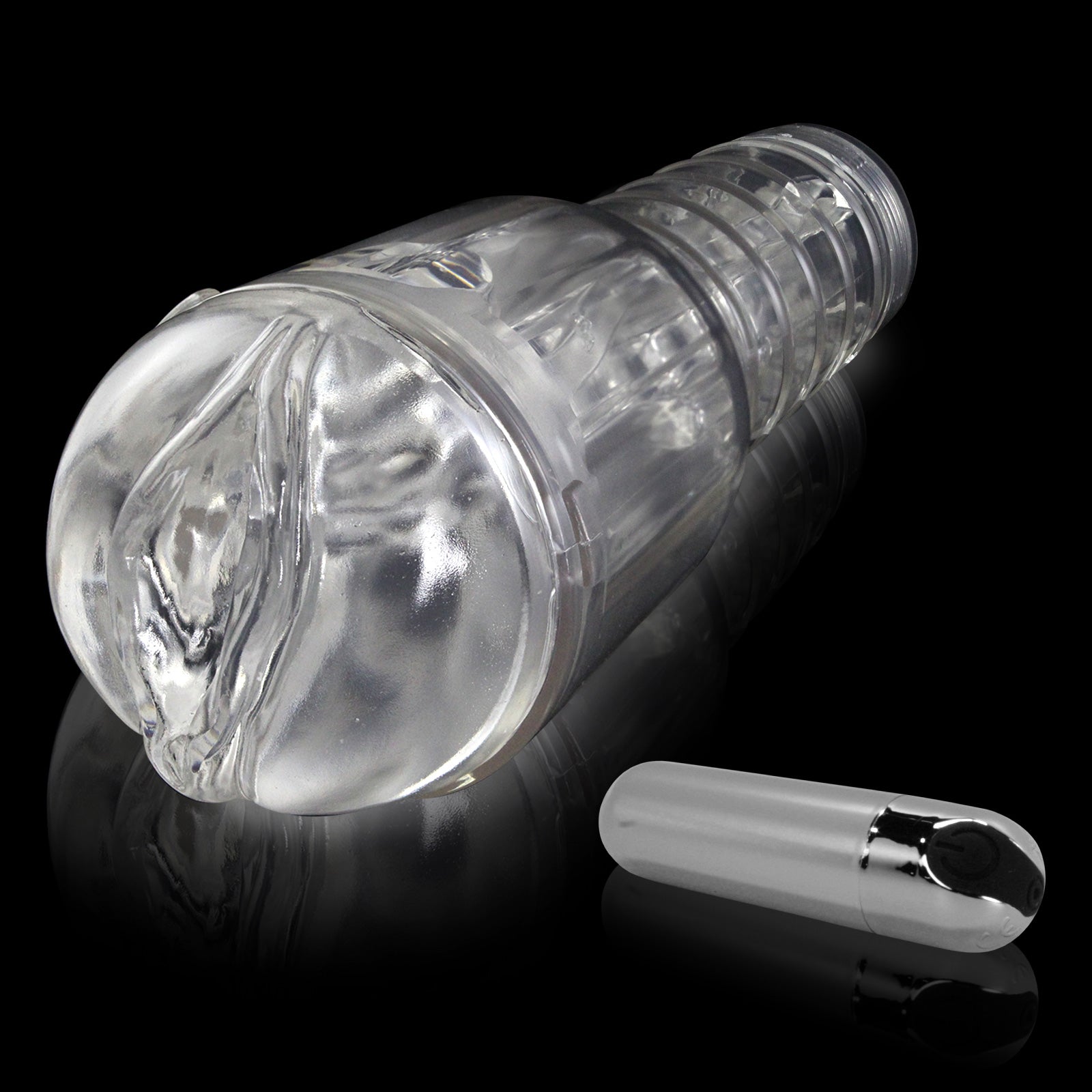 Male Masturbator Handheld Realistic VAGINA Texture in Clear Case with Rechargable Vibrating Bullet