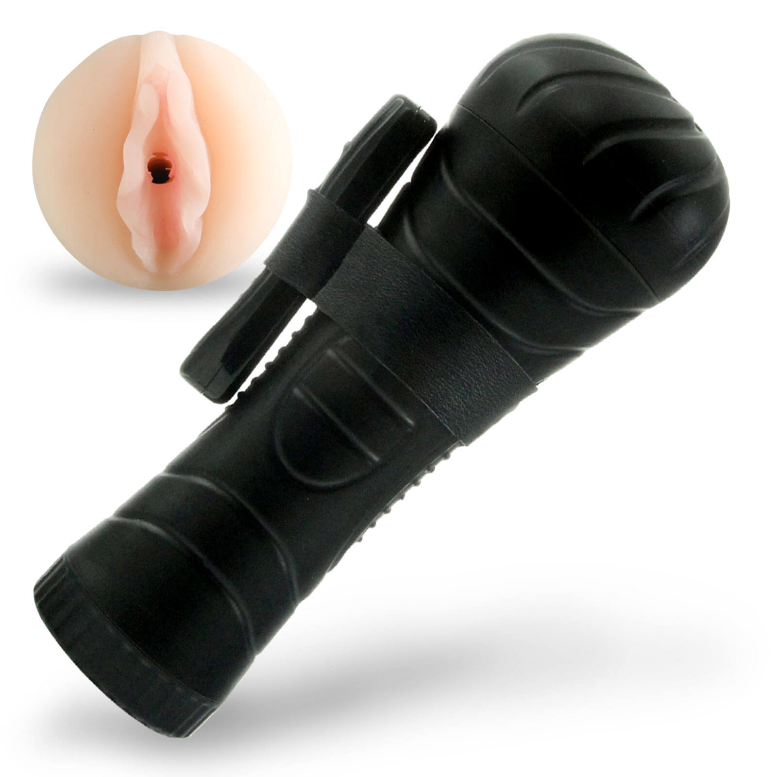 Compact Vibrating Male Masturbator Handheld Realistic VAGINA Texture in Black Case