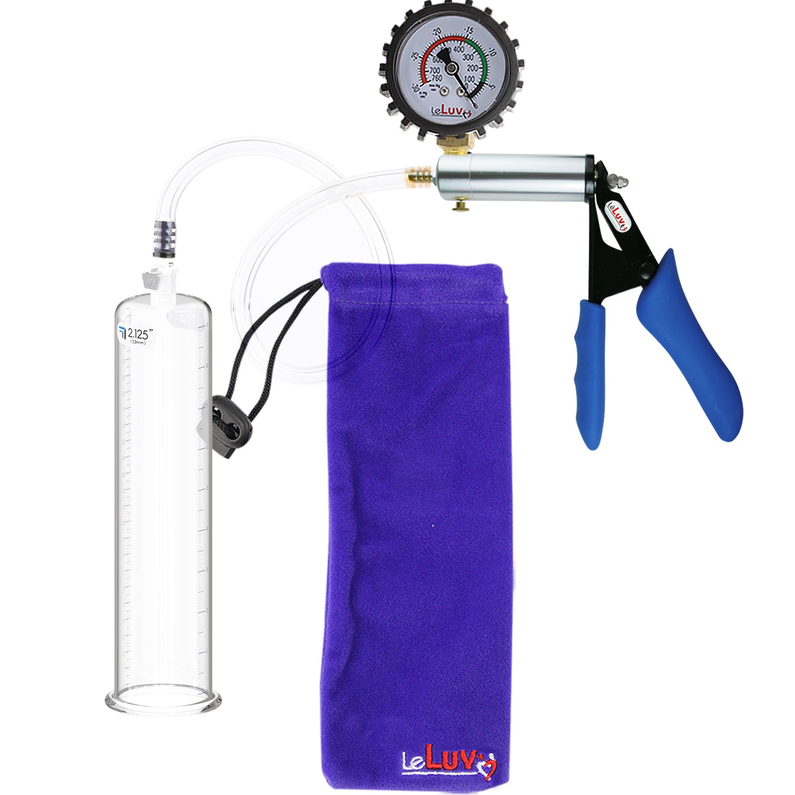 A penis pump with a gauge cover and storage bag