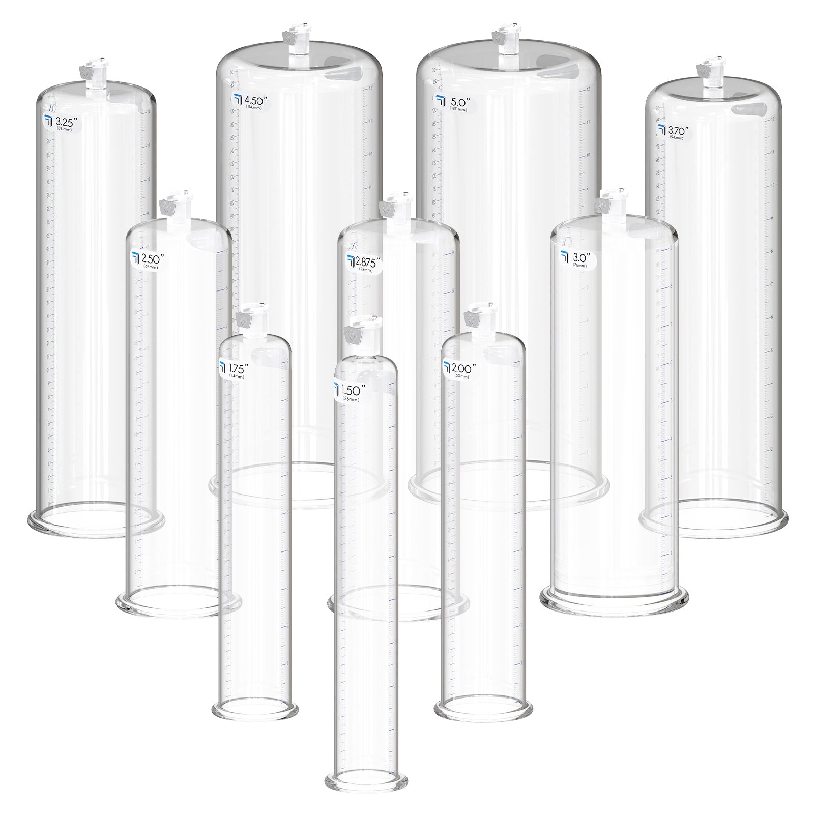 Penis pump vacuum tubes in multiple sizes with measurement markings