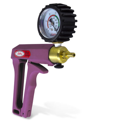 Purple penis pump handle with safety valve and gauge.