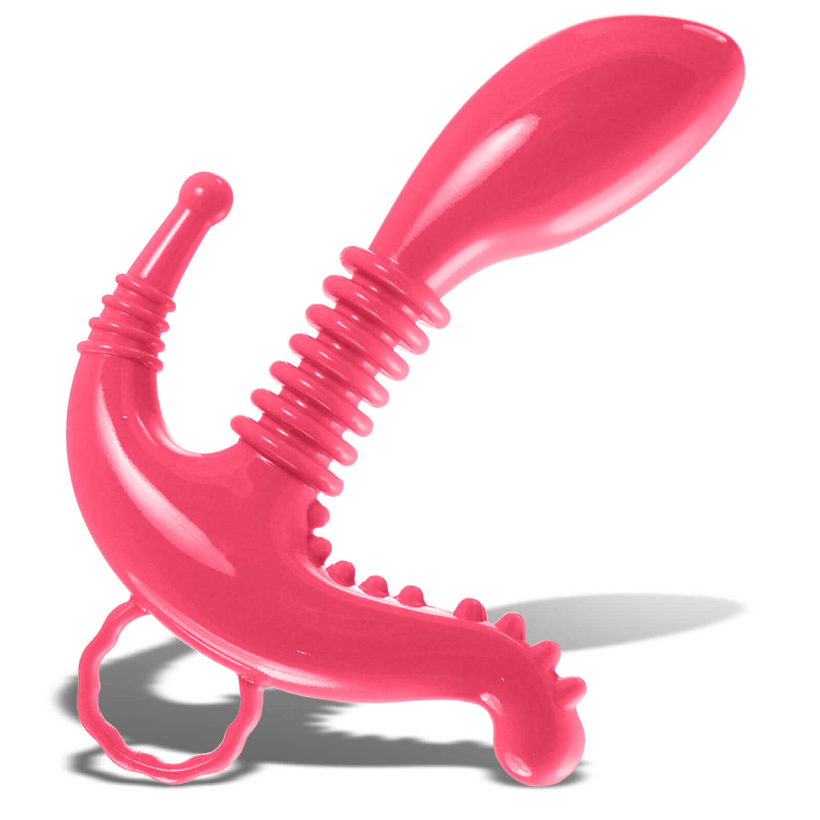 Textured pink prostate massager with grooved stem and circular handle.