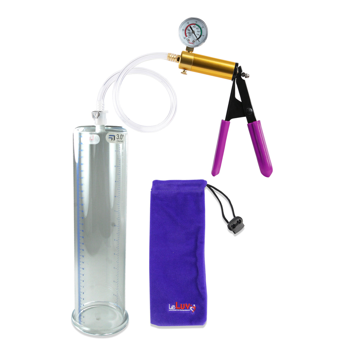 ULTIMA Purple Penis Pump Rubber Grips, Clear Hose with Gauge 12" x 3.00" Cylinder Diameter