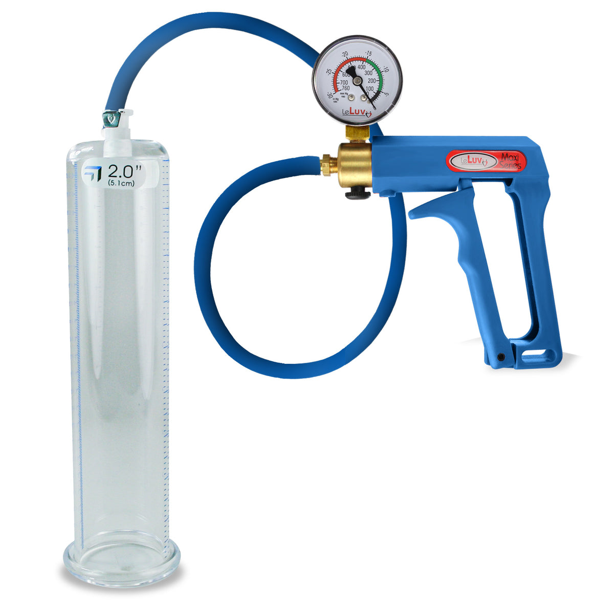 LeLuv Maxi Penis Pump | Blue Handle/Silicone Hose + Gauge/Protected Gauge | Round Flange Cylinder