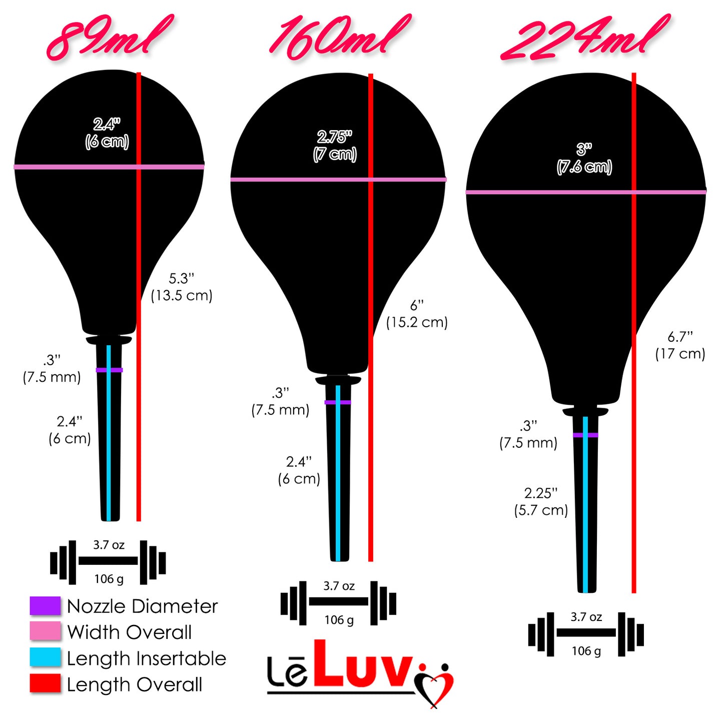 LeLuv Cleansing Douche - Dishwasher Safe - 3 Sizes - Black/Blue Silicone
