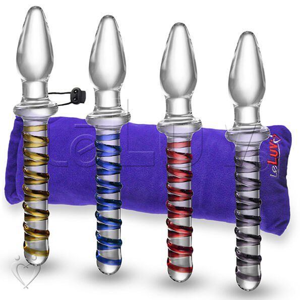 LeLuv Glass 8 Inch Pointed Tip Swirled Slim Shaft Double-ended Dildo Plug