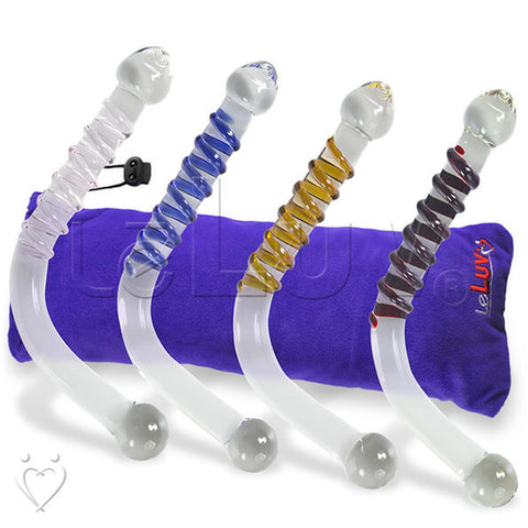 LeLuv Glass Double-ended Swirled Bent Wand Spinner Dildo