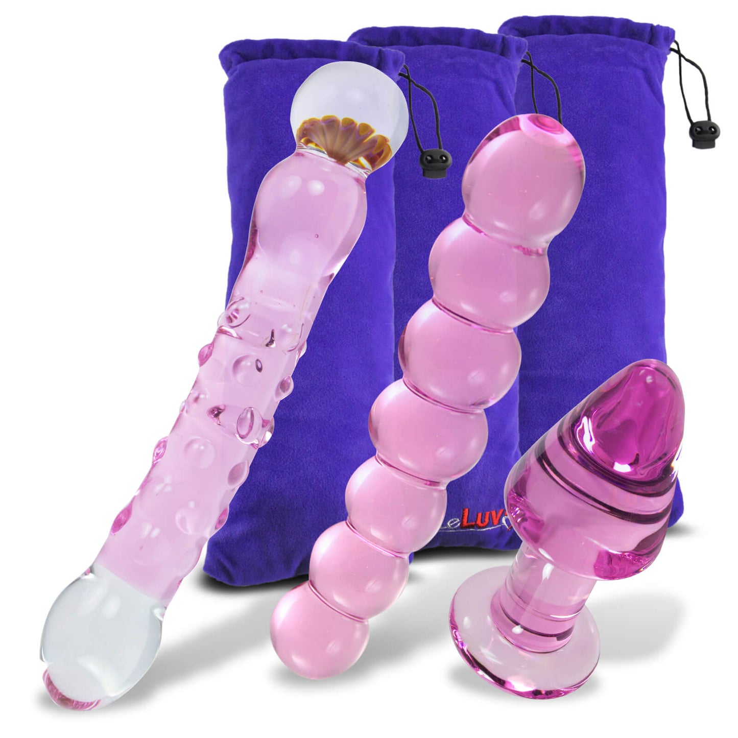 LeLuv Glass Butt Plug & Glass Dildos Pretty Pink 3 Piece Gift Set