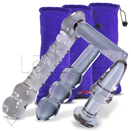 LeLuv Bundle - 3 items: Glacier Frost Glass Dildo & Butt Plug Gift Sets