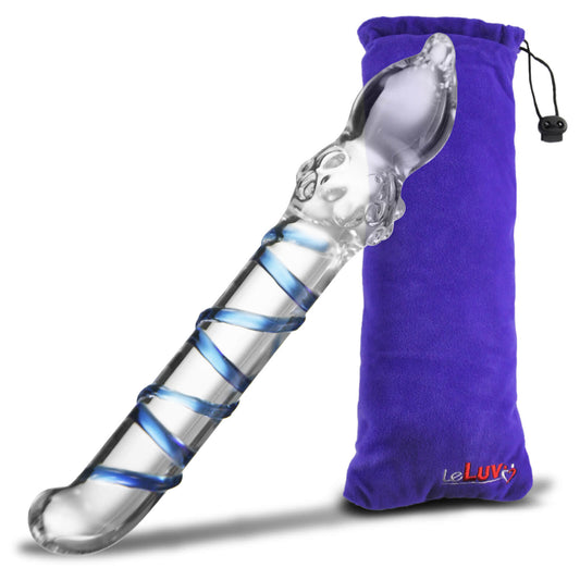 LeLuv Glass 8 Inch Curved Tip Nubby Bubble Swirled Shaft Magic Wand Dildo