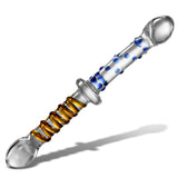 Glass 10 Inch Yellow Swirl Blue Beads Couples Double-ended Wand Dildo
