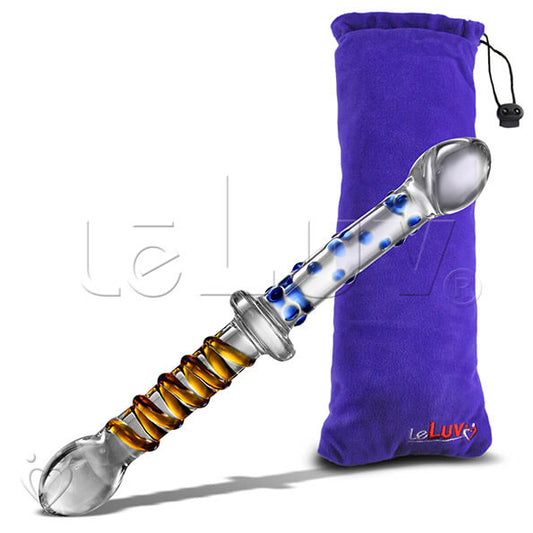 Glass 10 Inch Yellow Swirl Blue Beads Couples Double-ended Wand Dildo