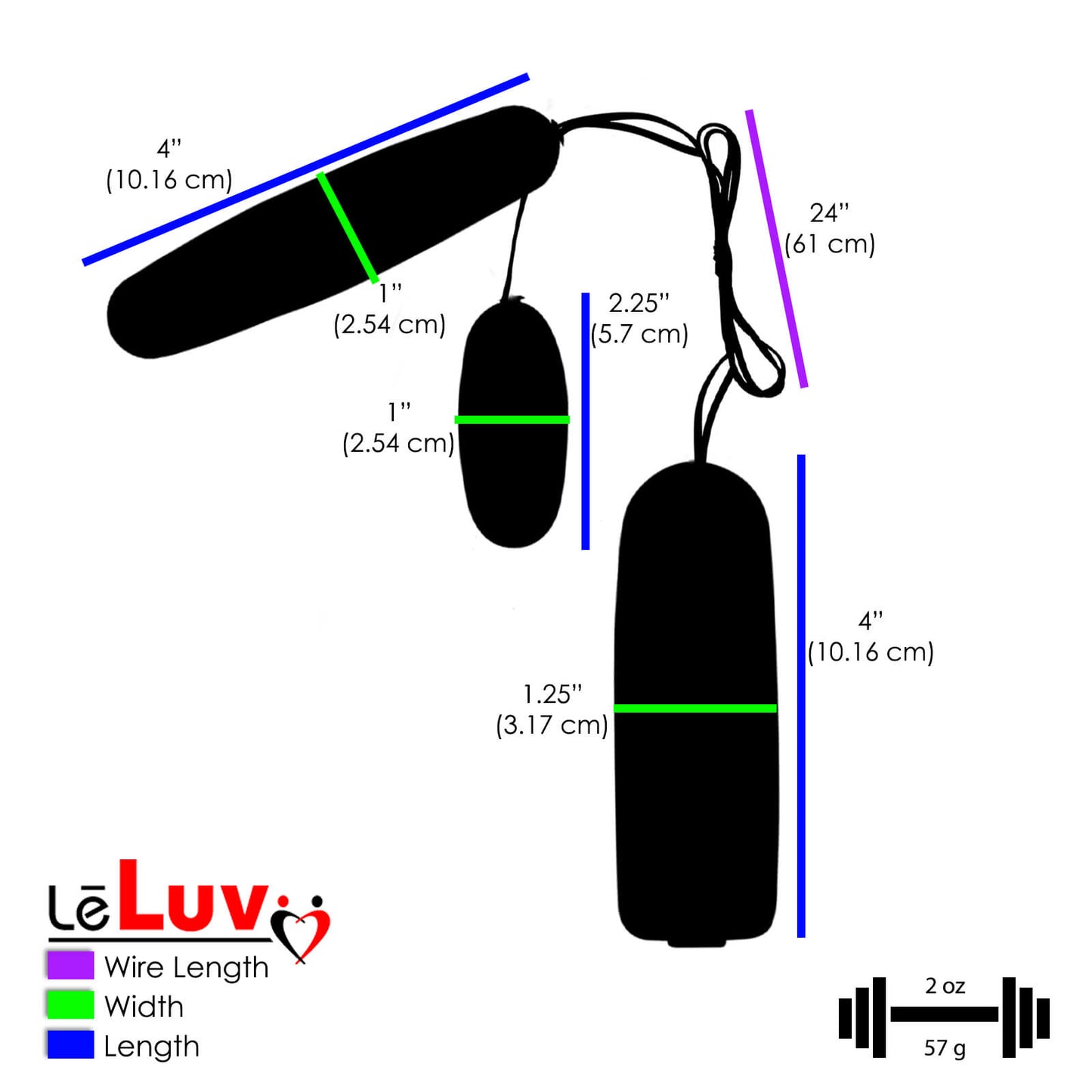 LeLuv Classic Vibrating Dual Bullets - Multispeed Dial Controller Wired Egg/Bullet Small and Large Combo in Vibrant Colors
