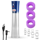 Blue EROS USB-Powered Electric Penis Pump - CLEAR Cylinder - 3 Large Sleeves & 4 Constriction Rings