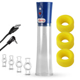 Blue EROS USB-Powered Electric Penis Pump - CLEAR Cylinder - 3 Medium Sleeves & 4 Constriction Rings