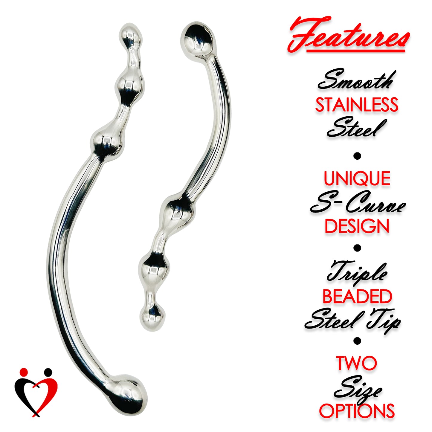 Eyro Polished Stainless Steel S Curved G-Spot Dildo with Beaded Tips  8" (20 cm) - 10" (26 cm)