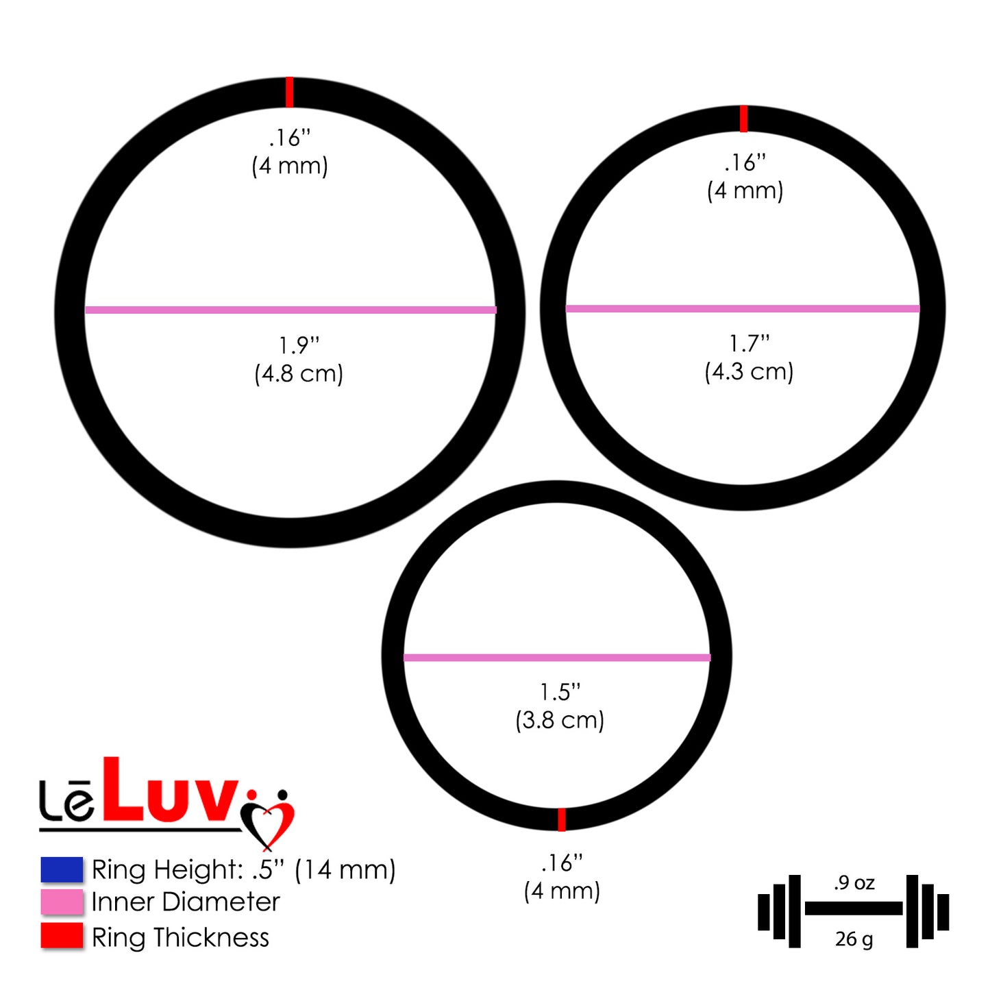 LeLuv Flat Band-Style Cock Ring 3-Pack - 38mm (1.5"), 43mm (1.7") and 48mm (1.9")