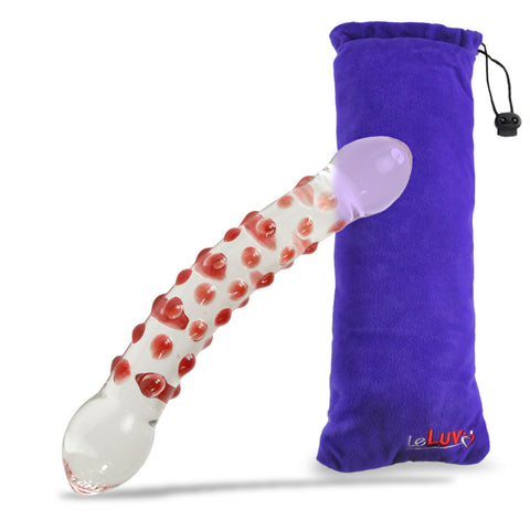 Glass Dildo Curved Slender with Red Dots Rounded Base