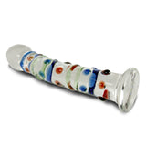 Glass Dildo Curved Shaft Inner Swirl Dots Smooth Head Flat Base
