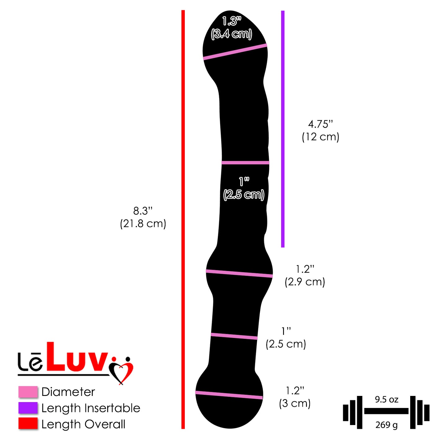 Glass Dildo Curved & Textured Shaft with Pointed Tip & Bead Handle
