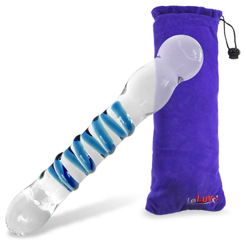 LeLuv Glass Dildo with Blue Swirled Shaft and Round Tip