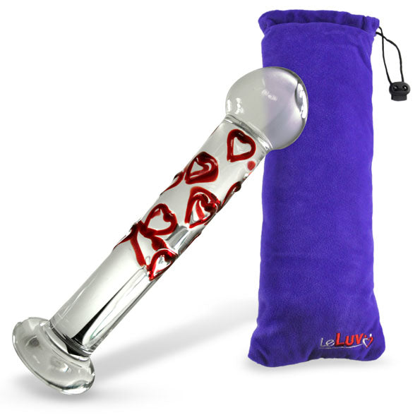 LeLuv Glass Dildo Heart Detailed Shaft and Bulb Head - Flat Base