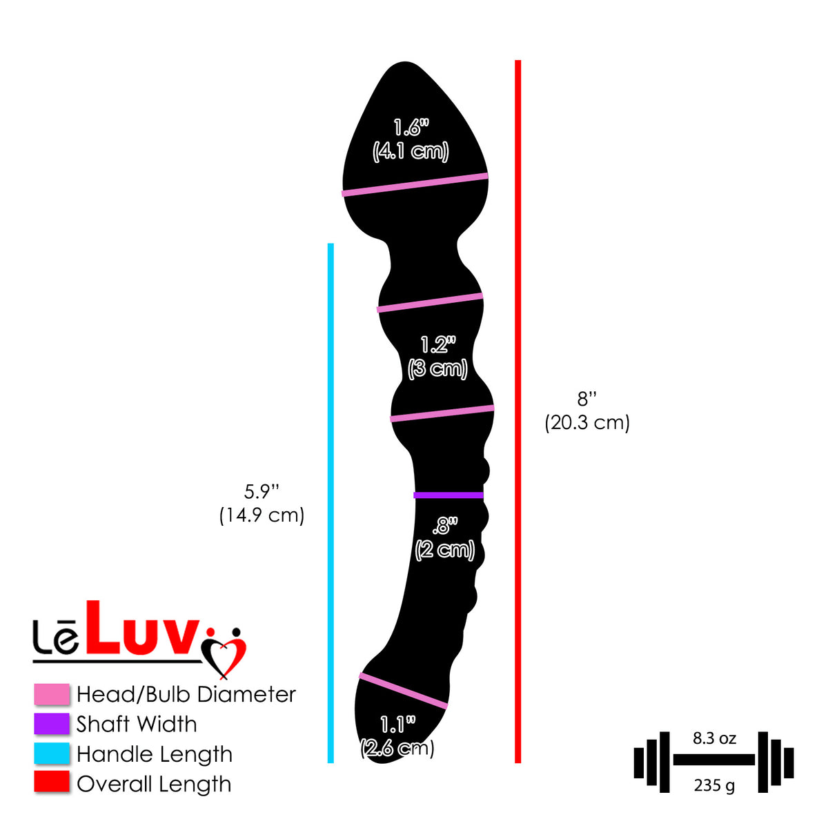 LeLuv Glass Didlo Wand with Pointed Large Tip, Two Bulbs, Curved Shaft and Nubby Spine