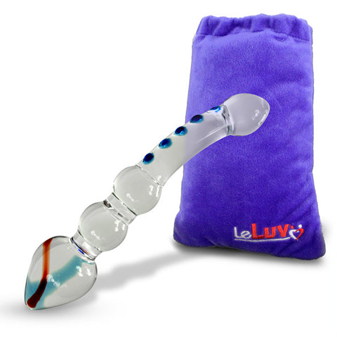 LeLuv Glass Didlo Wand with Pointed Large Tip, Two Bulbs, Curved Shaft and Nubby Spine