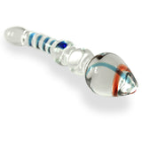 Glass Didlo Wand with Pointed Large Tip, Two Bulbs, Curved Shaft and Nubby Spine