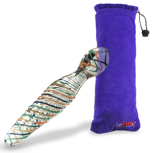 LeLuv Glass Wand Dildo Multi-color Swirled Ribs and Bulb Head