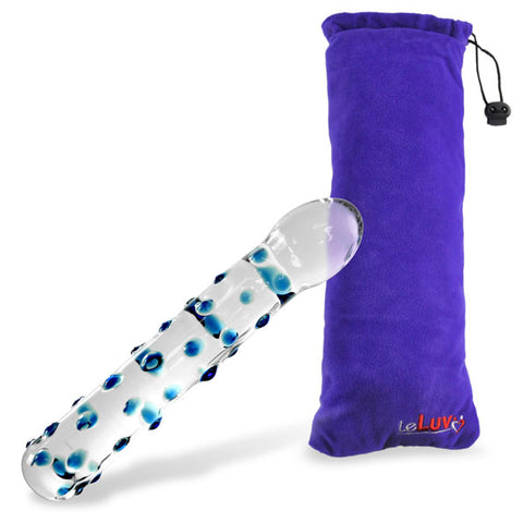 LeLuv Glass Mini Dildo with Pointed Curved Tip & Blue Dots
