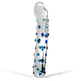 LeLuv Glass Mini Dildo with Pointed Curved Tip & Blue Dots