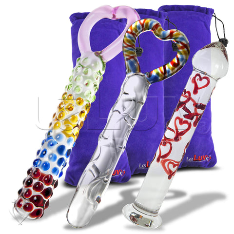 Glass RAINBOW HEART 3 Piece Gift Set Dildos