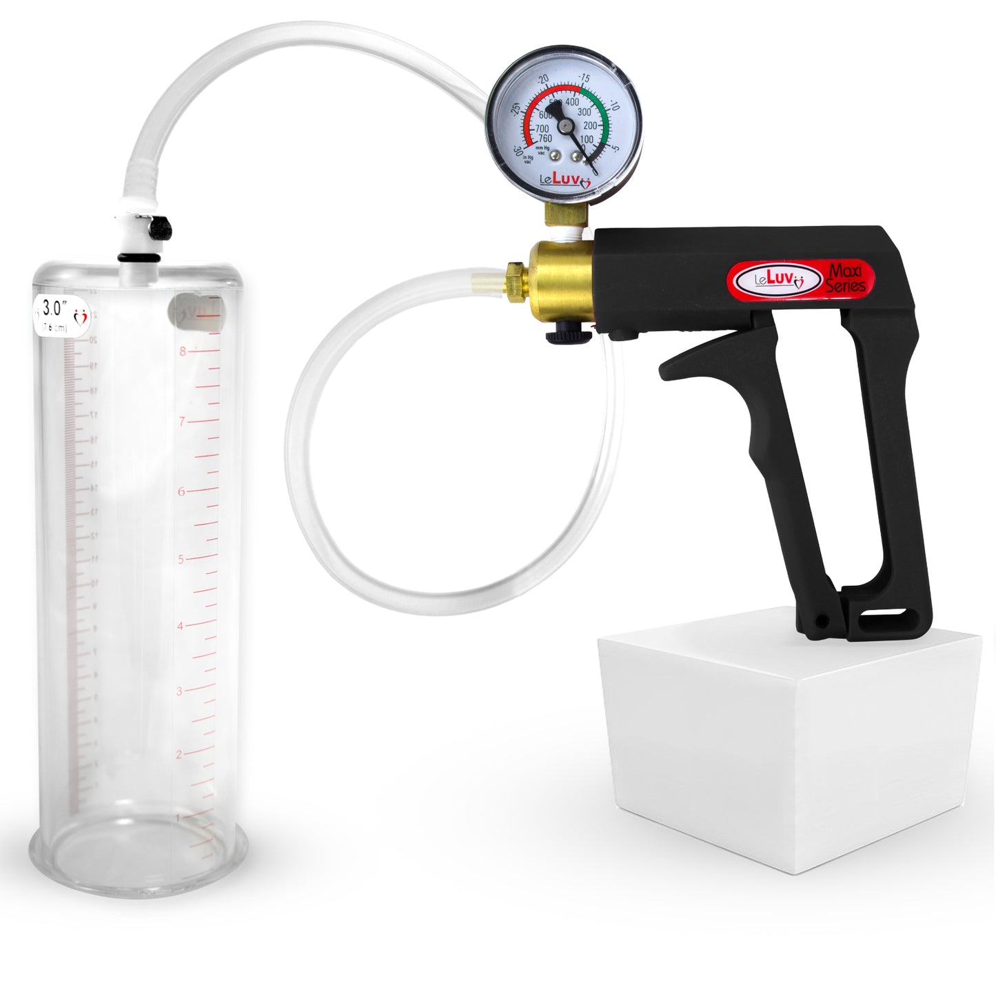 LeLuv Maxi Penis Pump | Black/Grey Handle, Clear Hose, No Gauge | Round Flange Cylinder